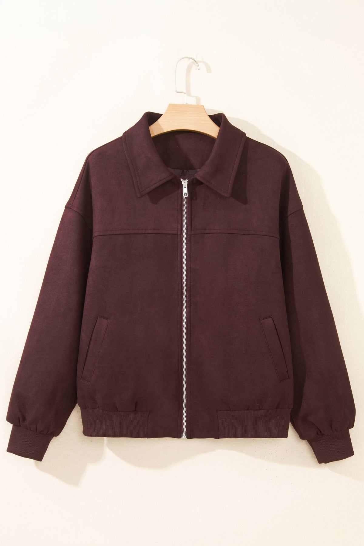 Solid Faux Suede Zip-Up Collared Jacket