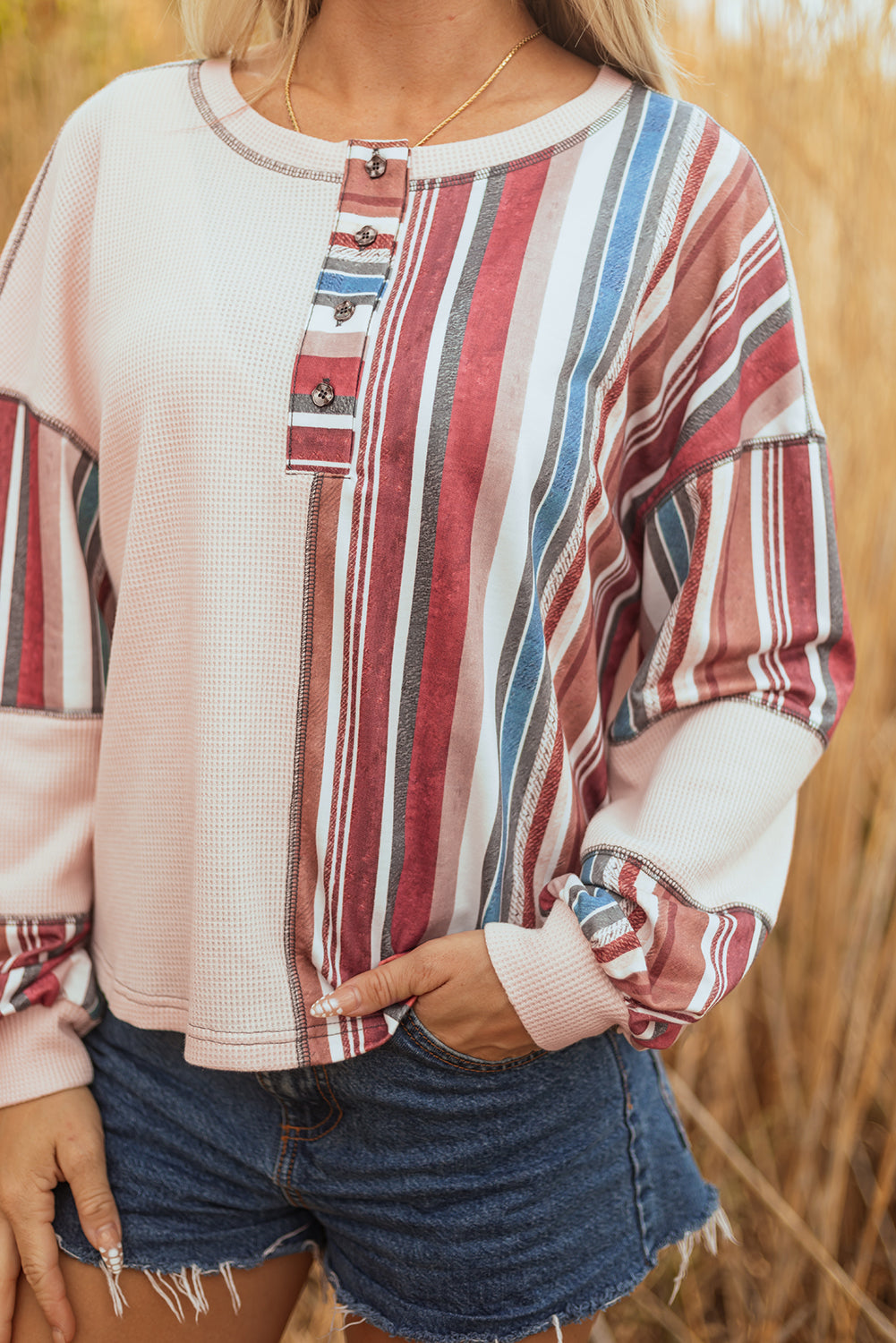 Stripe Waffle Knit Patchwork Raw Edge Henley Top