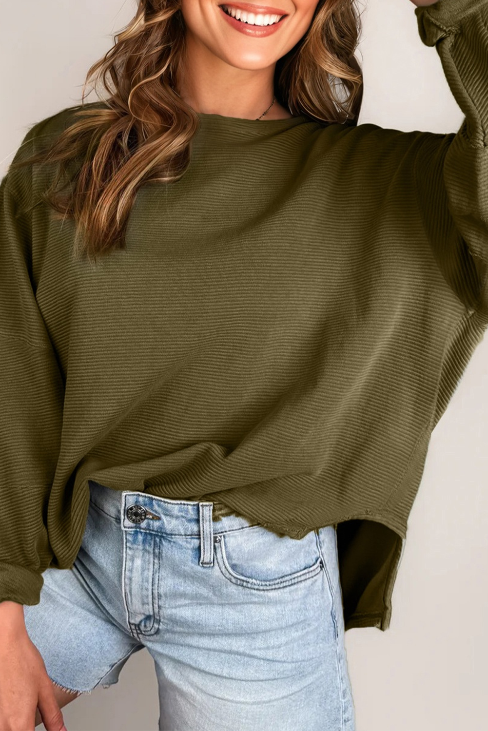 Solid Ribbed Knit Patchwork Long Sleeve Top