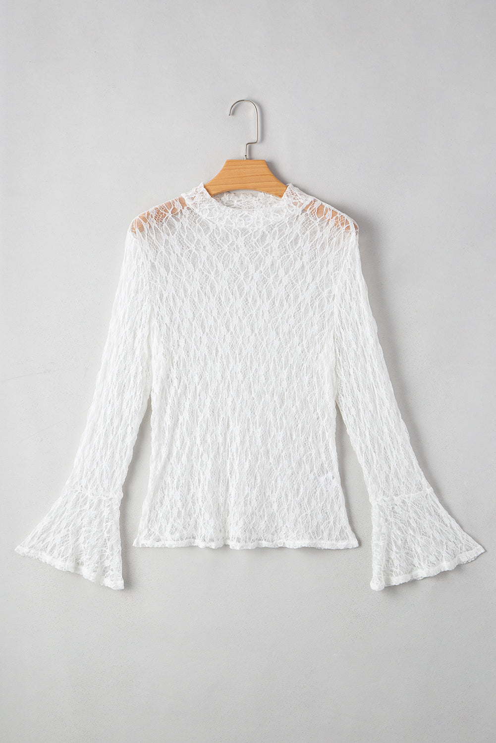 Sheer Lace Bell Sleeve Mock Neck Blouse