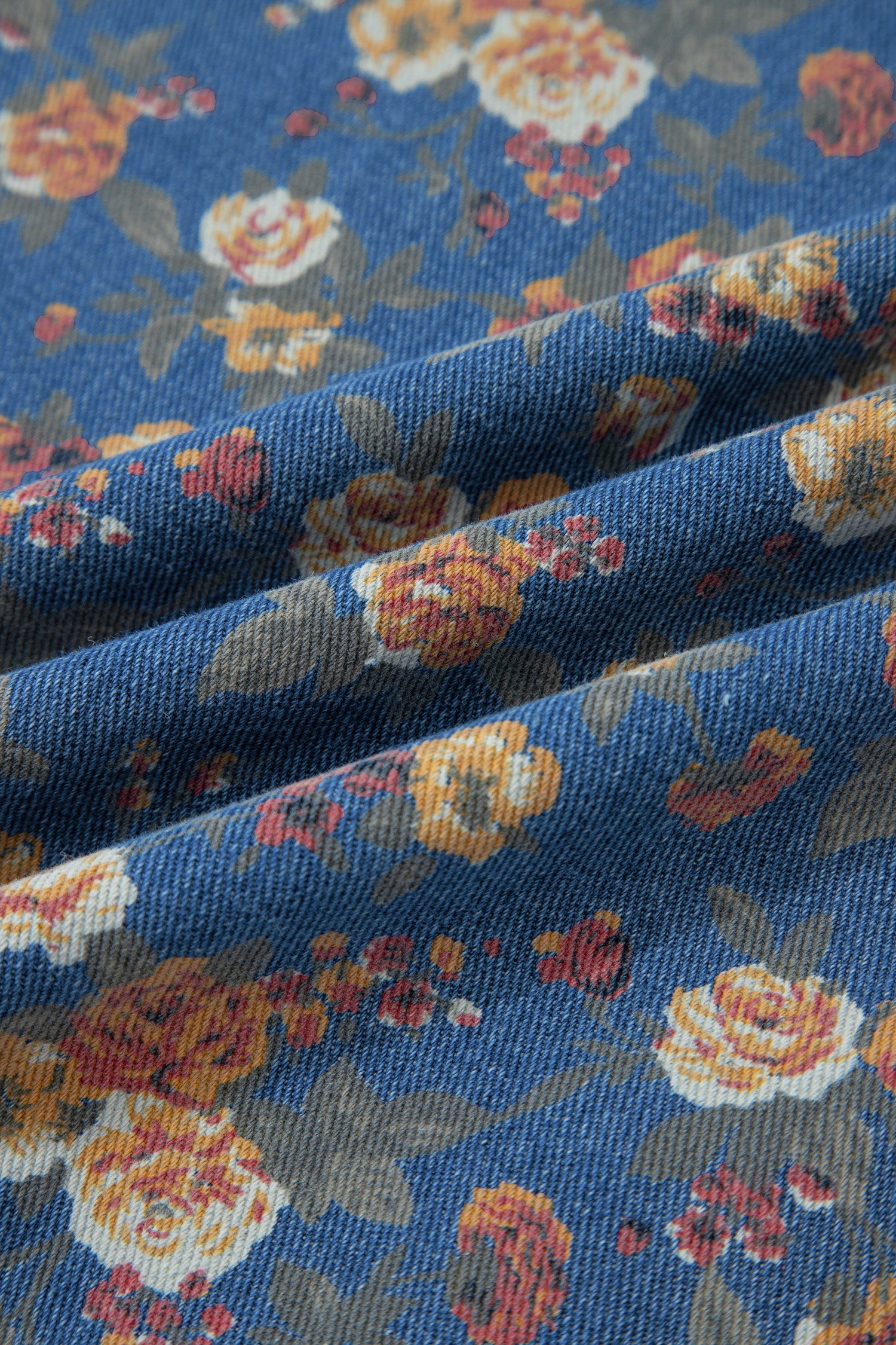 Floral Denim Pleated Wide Leg Jumpsuit