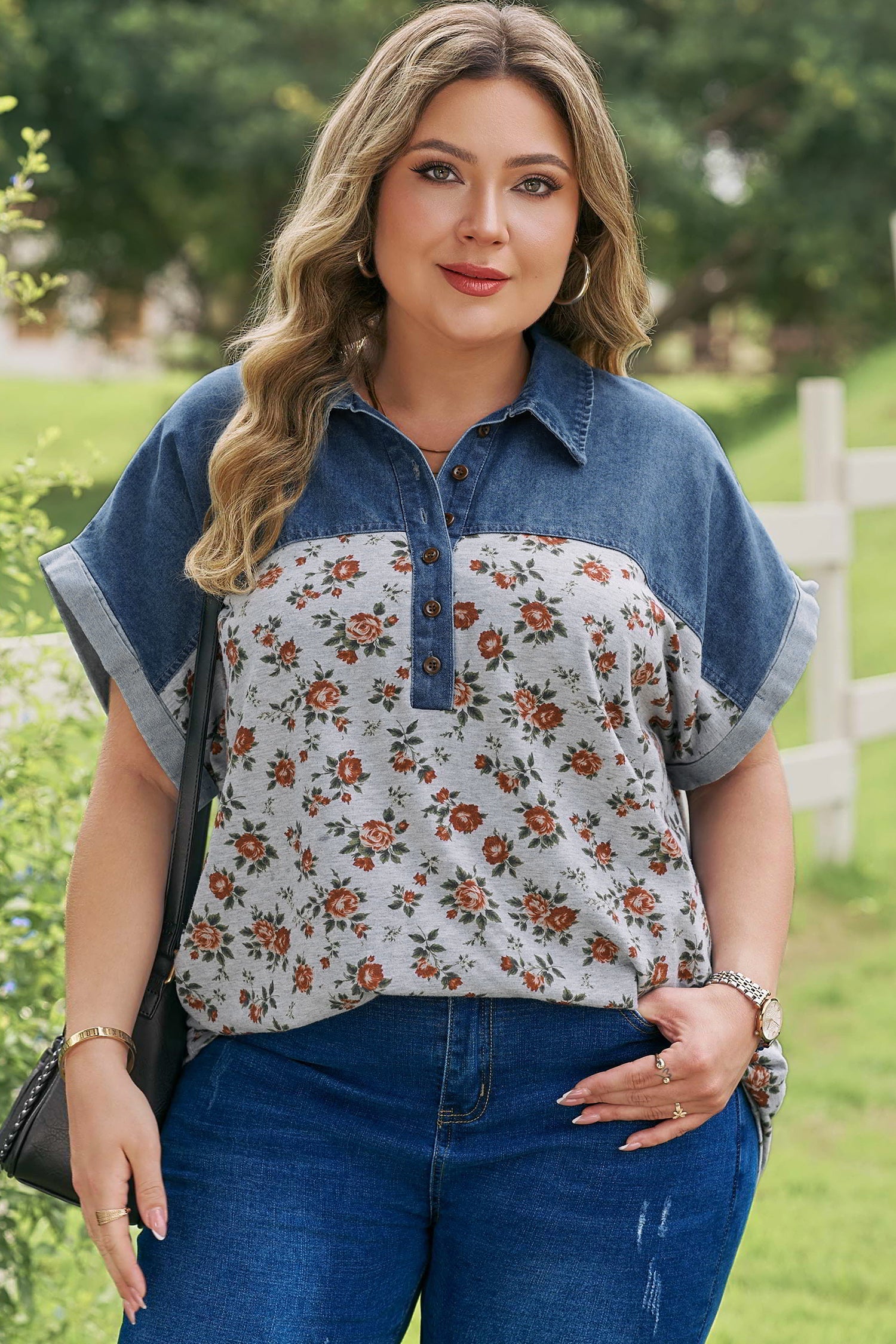 Plus Size Floral Denim Patchwork Polo Tee
