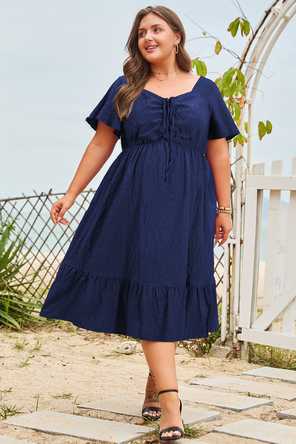 Plus Size Ruched Lace-Up Short Sleeve Midi Dress