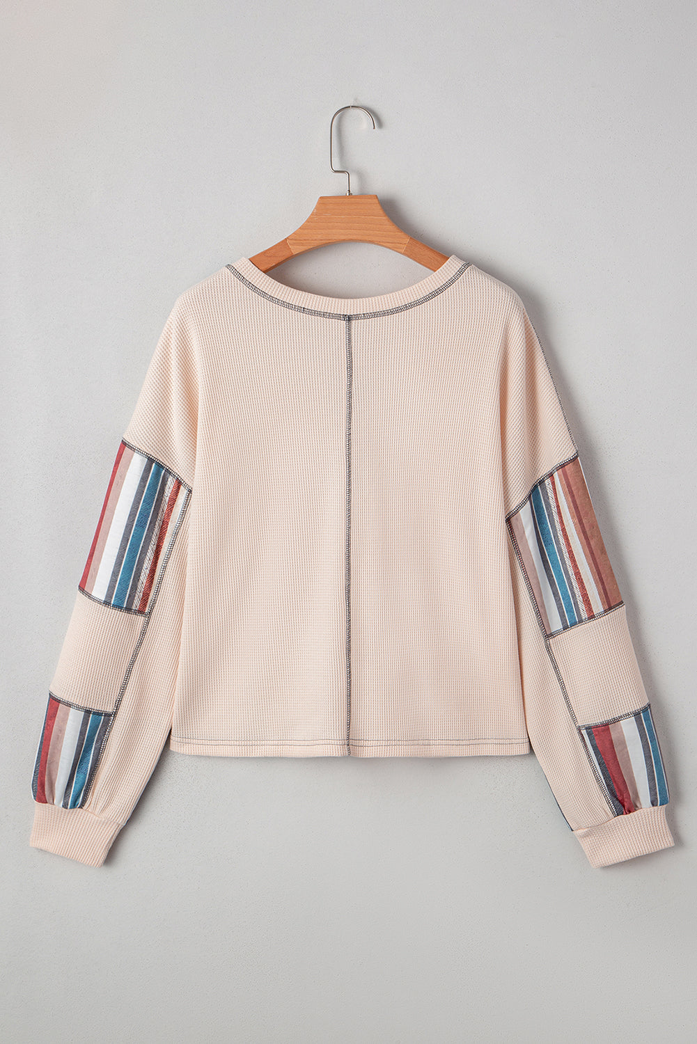 Stripe Waffle Knit Patchwork Raw Edge Henley Top
