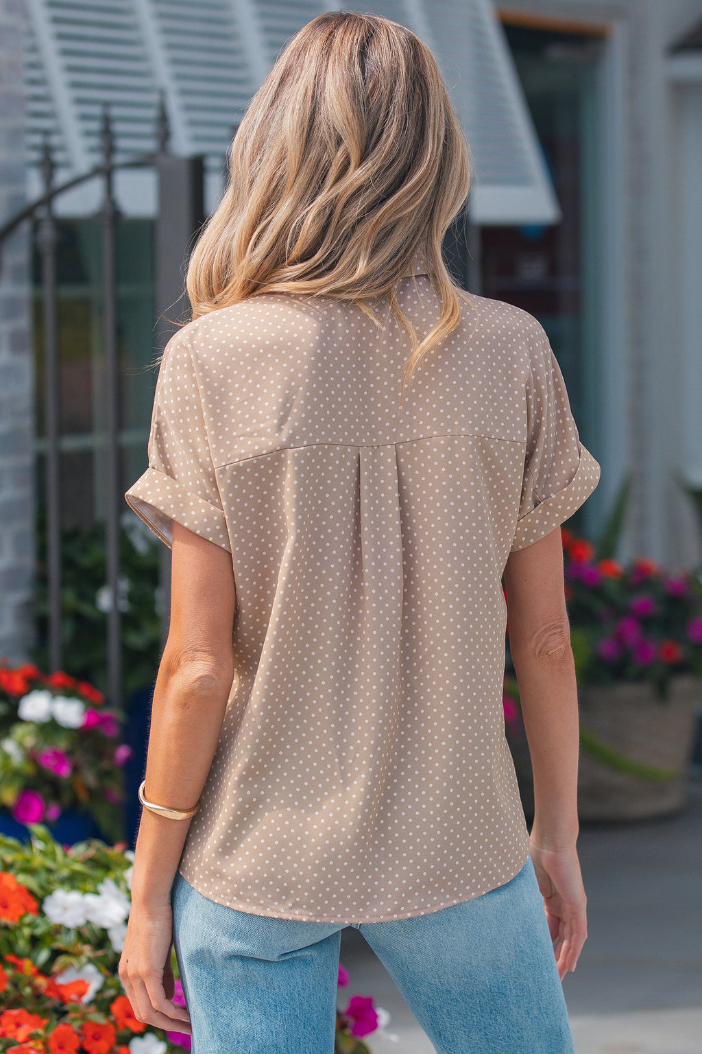 Polka Dot Cuffed Short Sleeve Shirt
