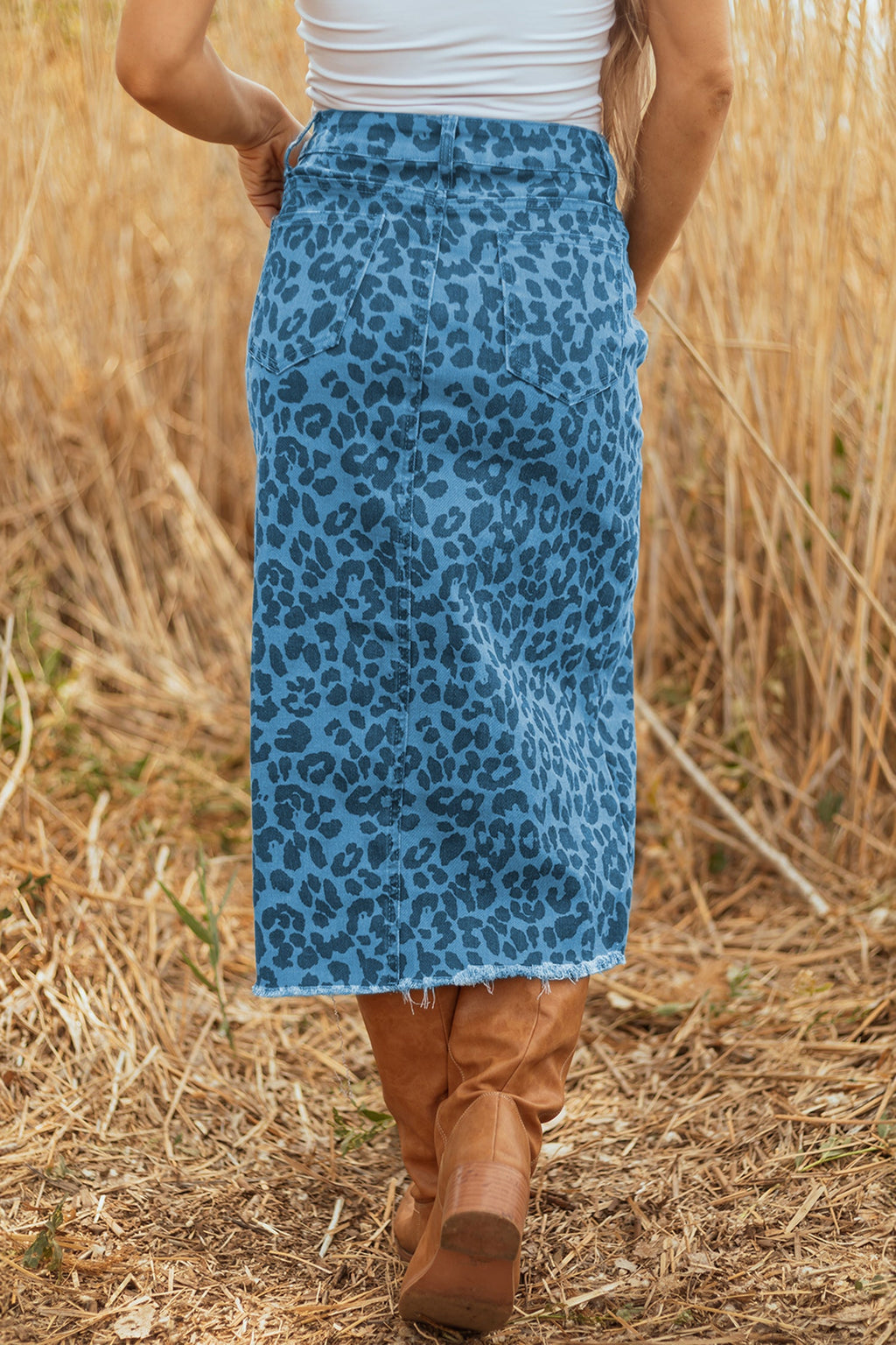 Leopard Denim Frayed Hem Midi Skirt