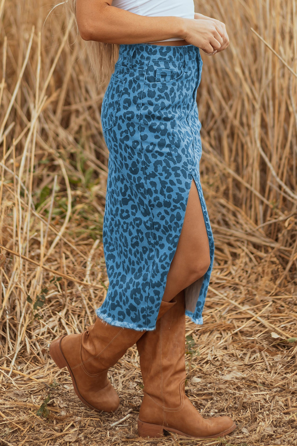 Leopard Denim Frayed Hem Midi Skirt