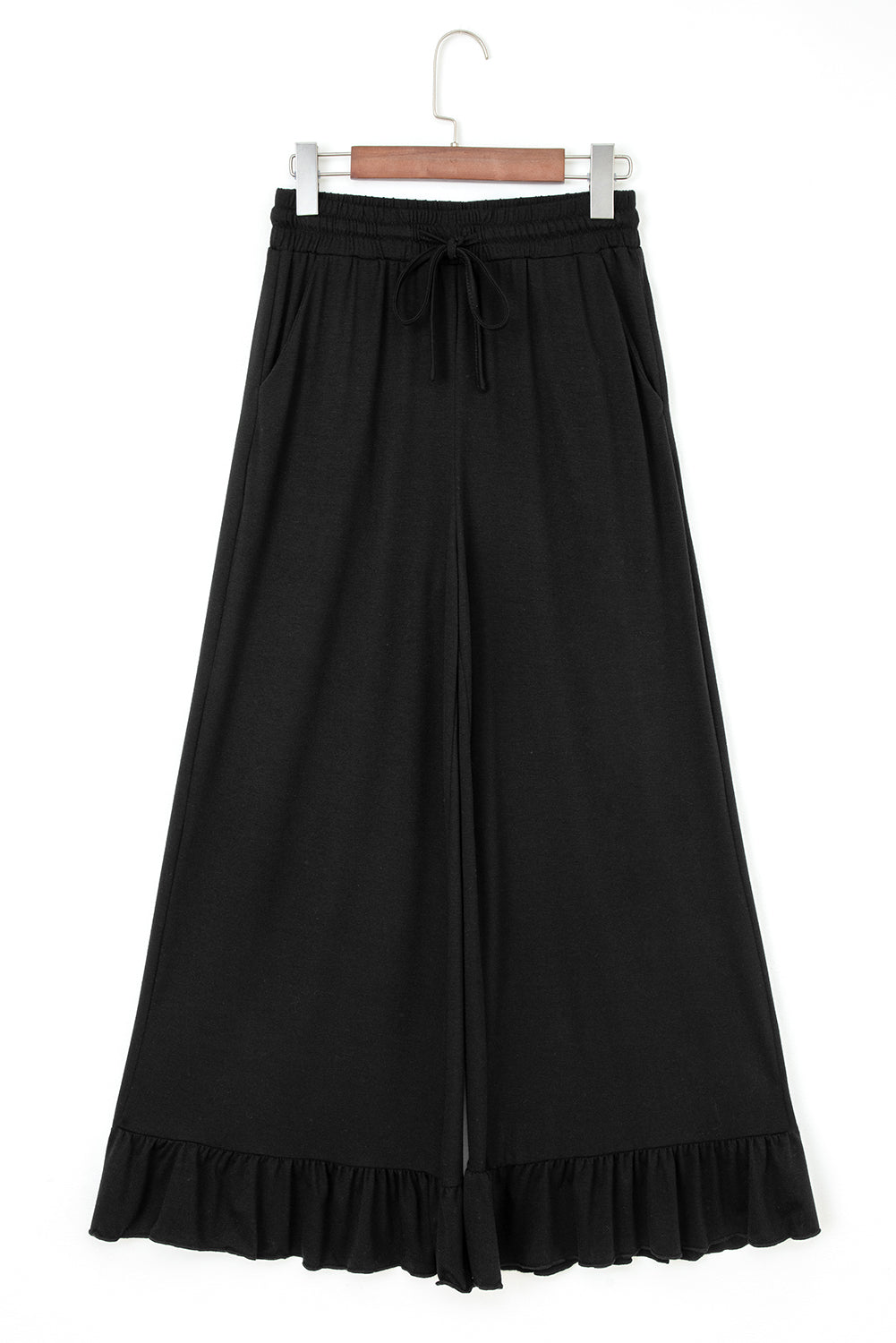 Solid Ruffle Wide Leg High Waist Pants