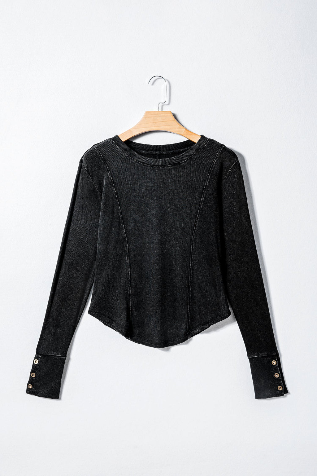 Solid Ribbed Knit Buttoned Long Sleeve Top