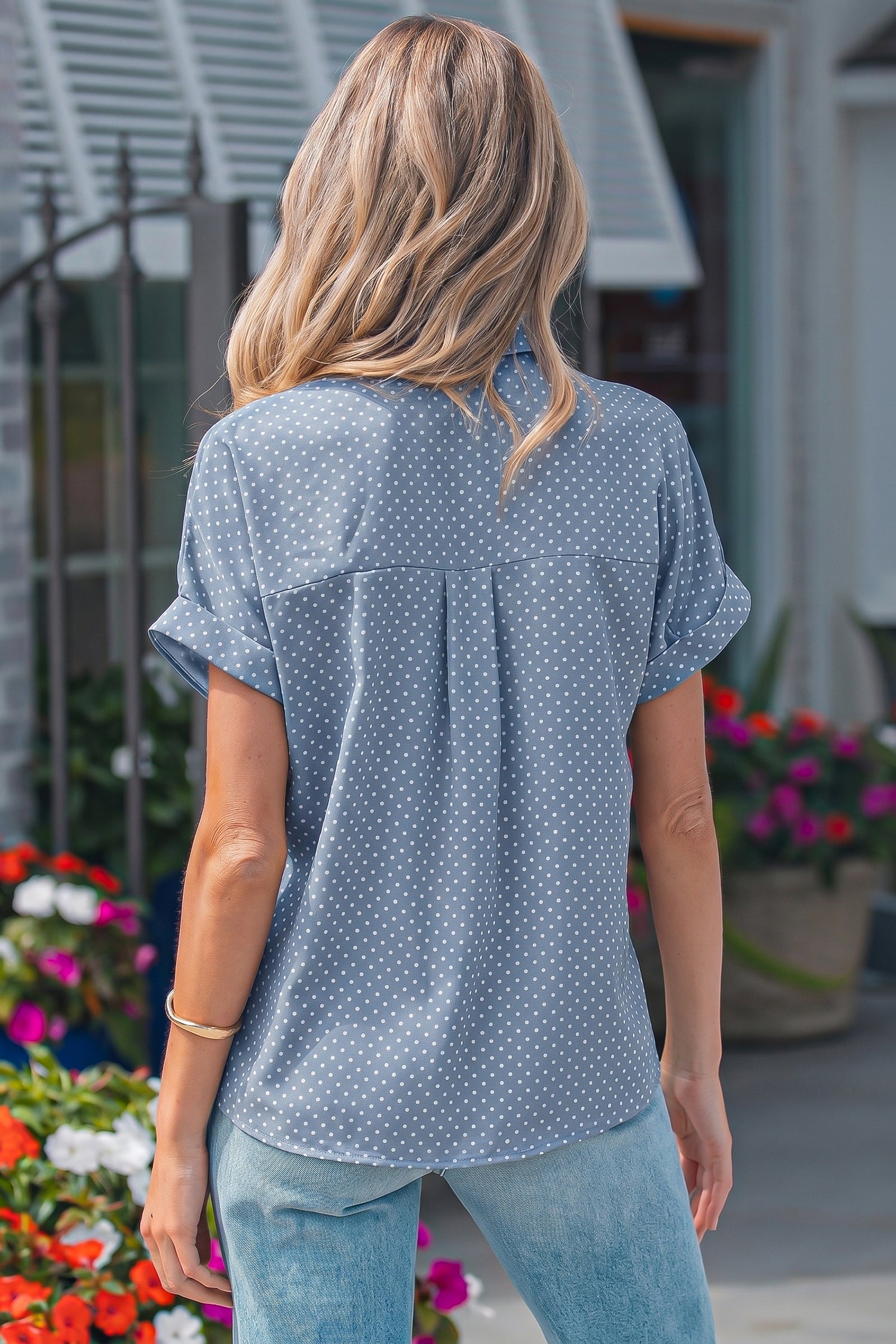 Polka Dot Cuffed Short Sleeve Shirt