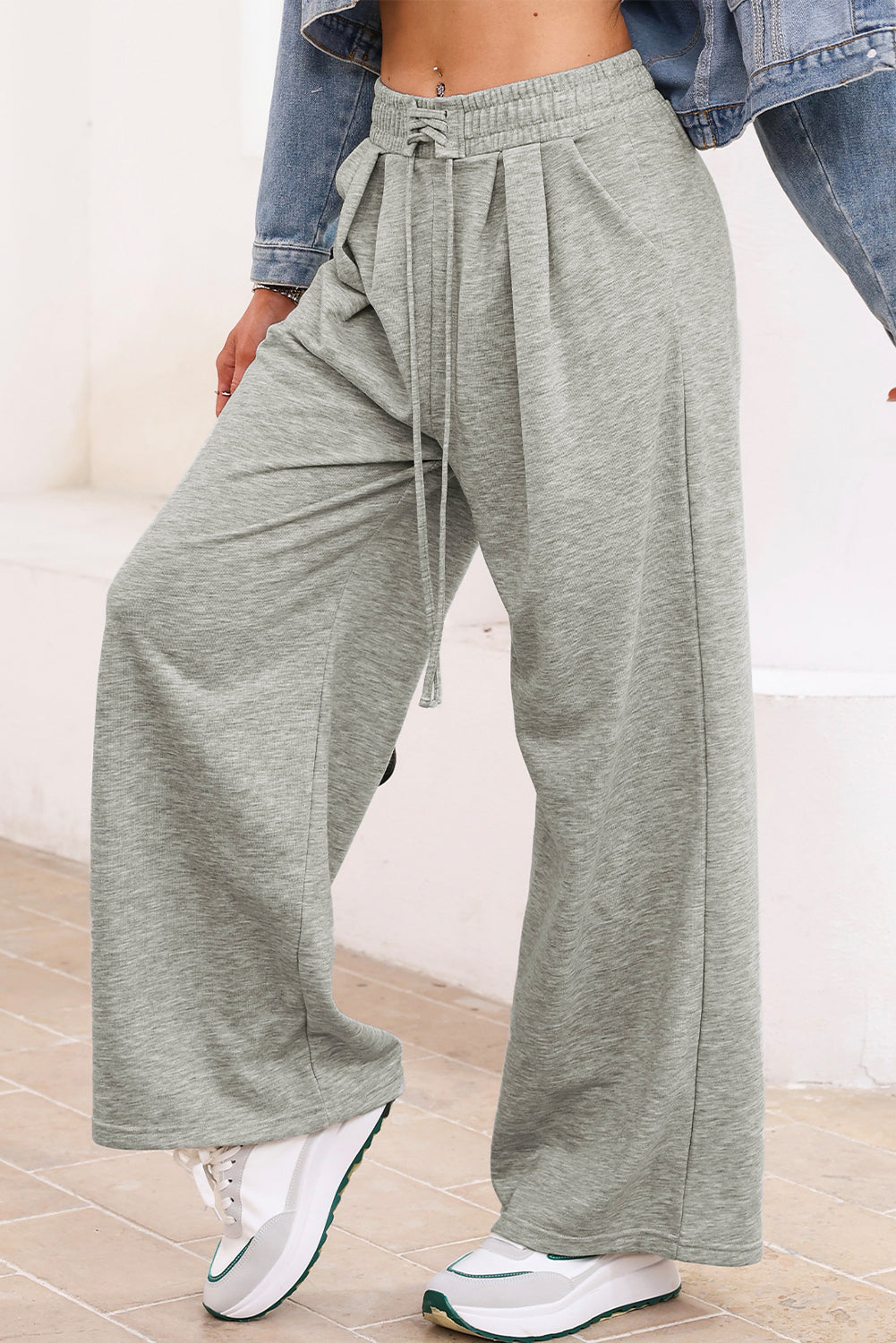Solid Tied High-Waist Pleated Sweatpants