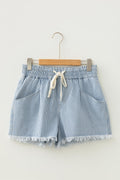 Stripe Denim Raw Edge Drawstring Waist Shorts