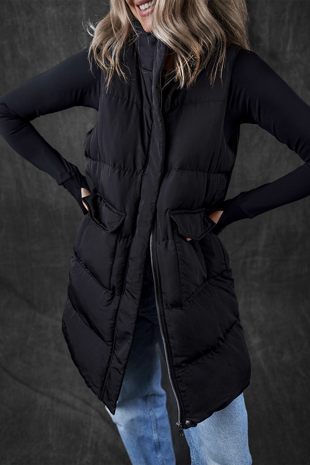 Solid Zip-Up Pocketed Puffer Vest