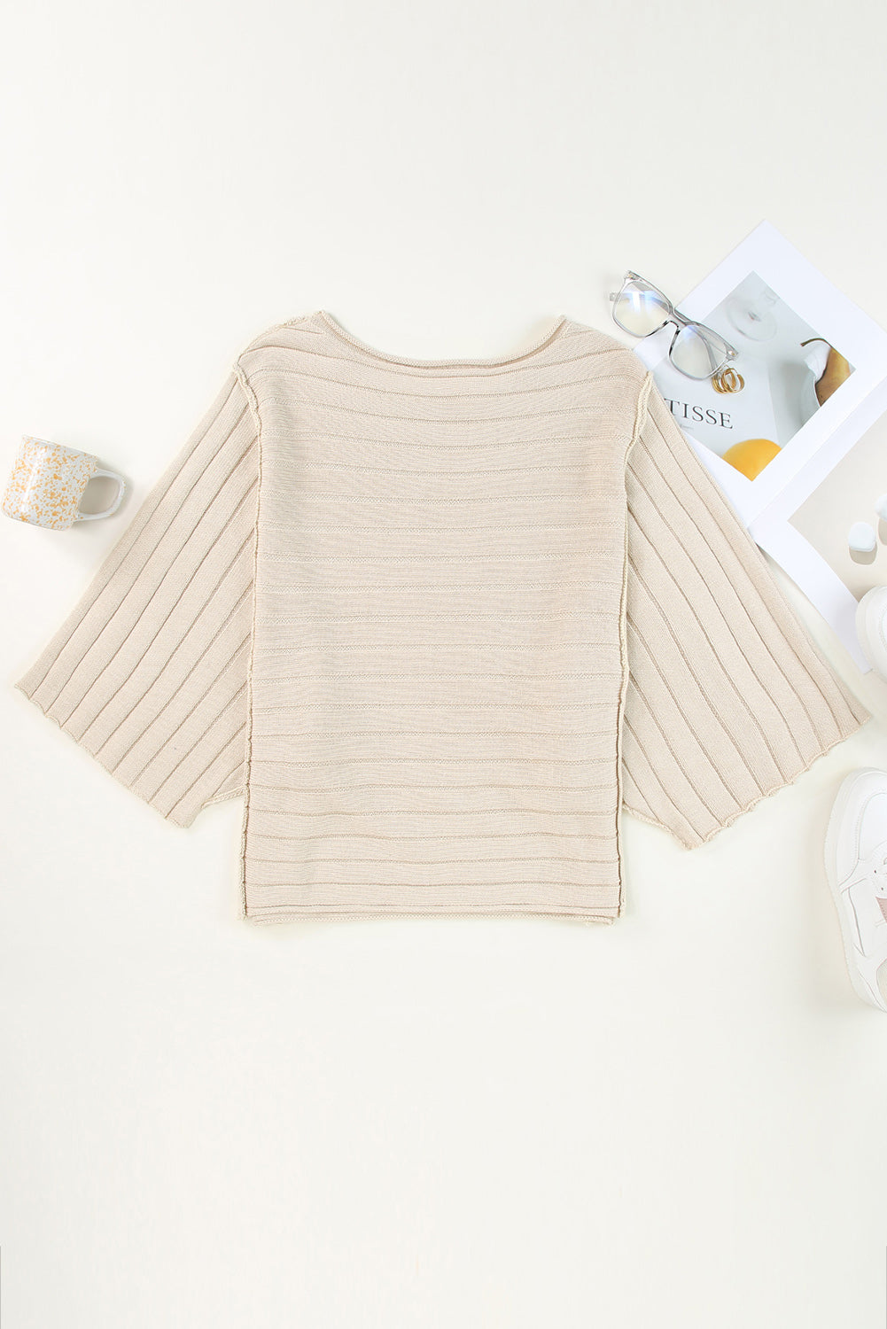 Ribbed Knit Reverse Seam 3/4 Sleeve Sweater