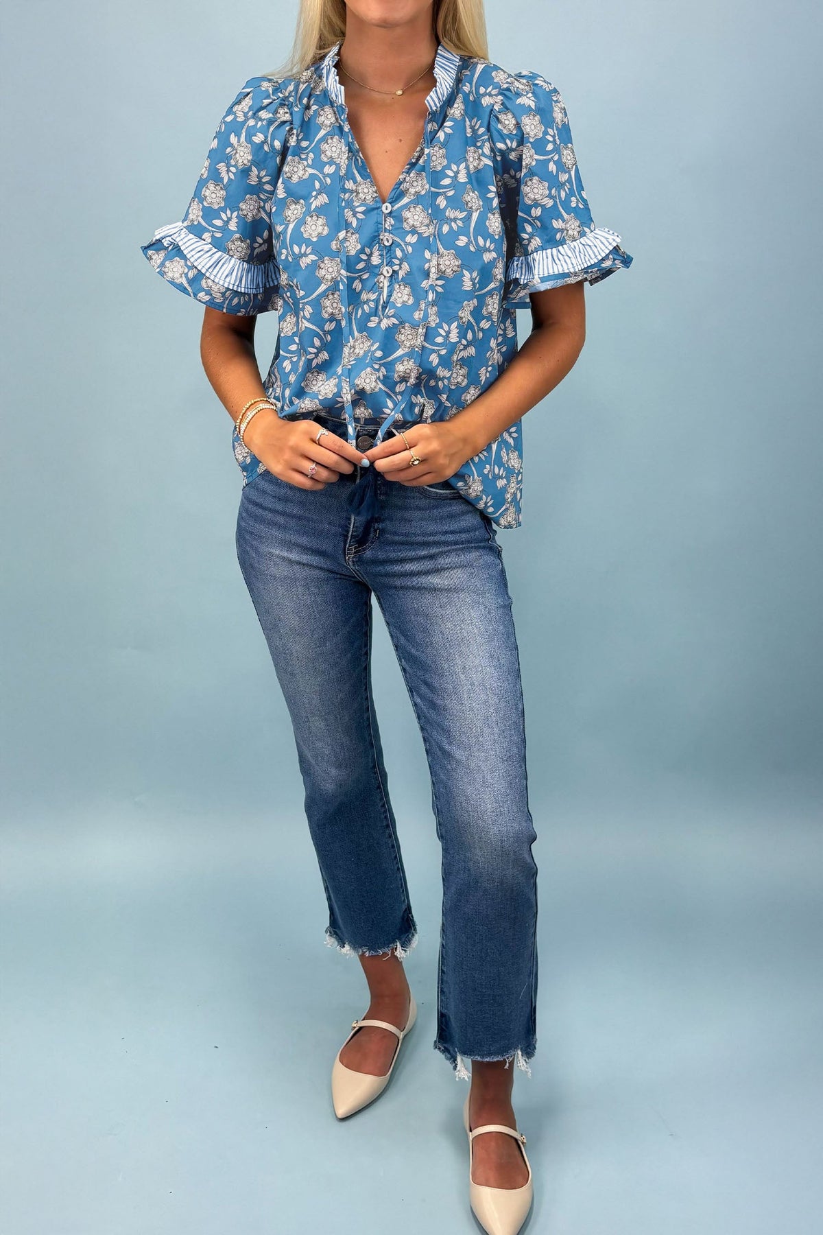 Floral Stripe Trim Tie-Neck Short Sleeve Blouse
