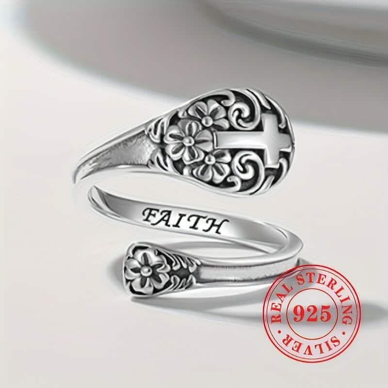 925 Sterling Silver Bohemian Faith Ring – Adjustable Vintage Cross