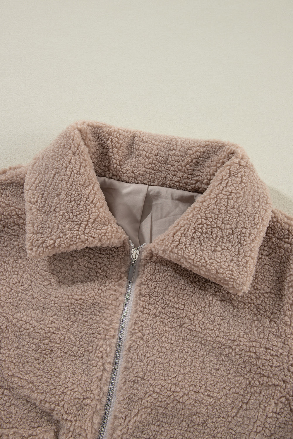 Solid Zip-Up Pocketed Fuzzy Jacket