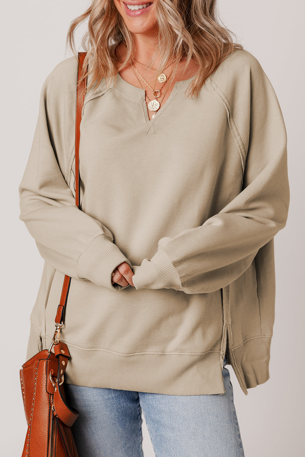 Solid Raw Edge Raglan Sleeve Side Slit Sweatshirt