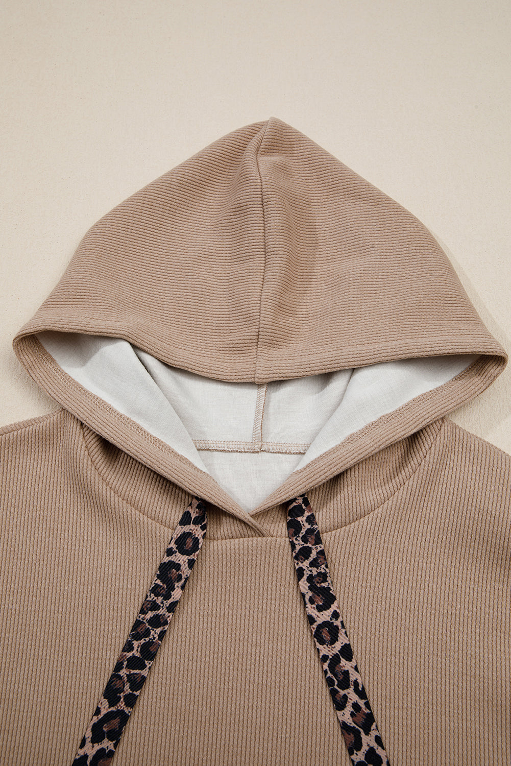 Ribbed Knit Leopard & Lace Drawstring Hoodie