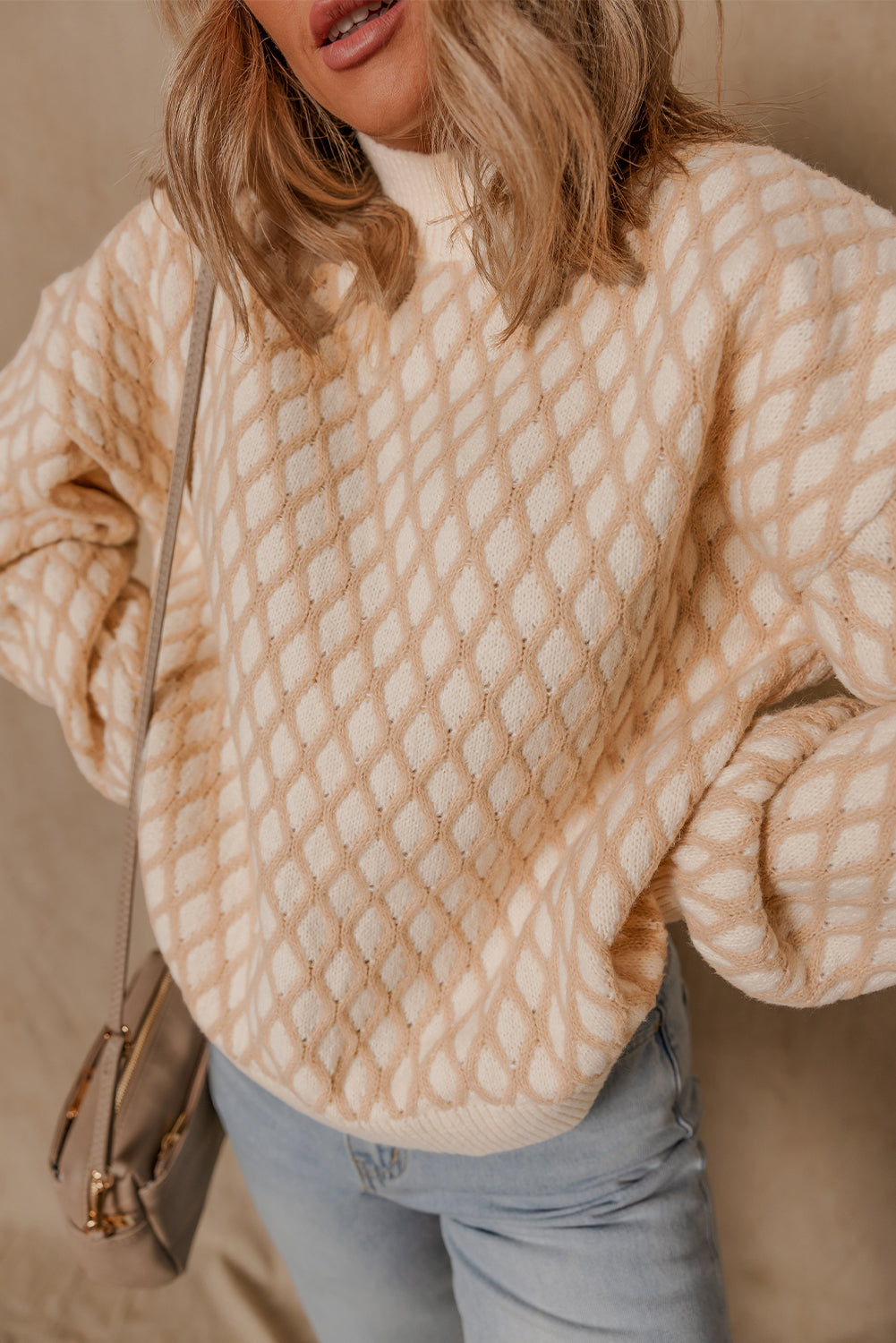 Rhombus Textured Knit Mock Neck Sweater