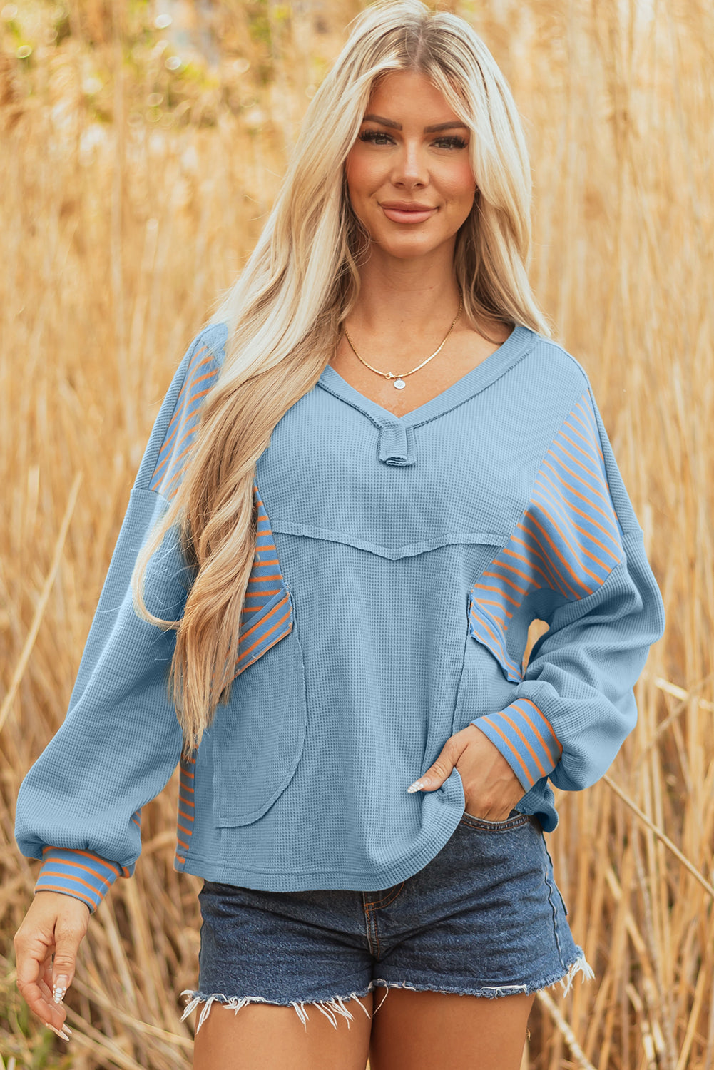 Stripe Patchwork Waffle Knit V-Neck Pullover
