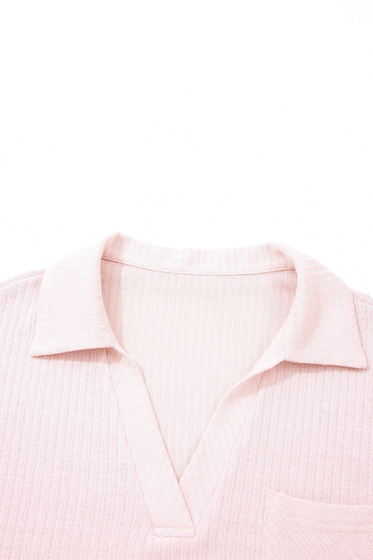 Solid Ribbed Knit Collared V-Neck Tee