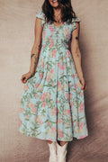 Floral Smocked V-Neck Ruffle Tiered Maxi Dress