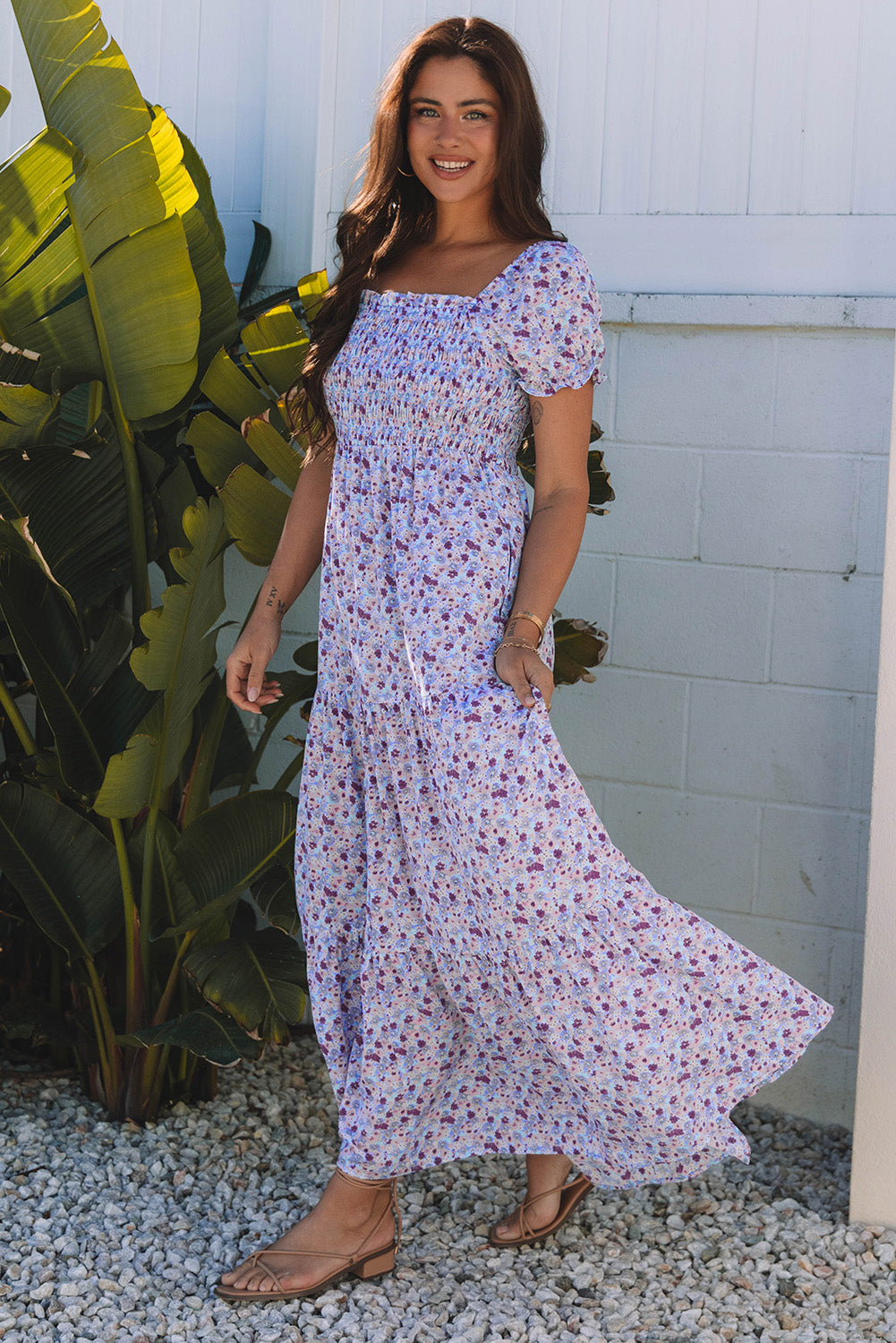 Floral Bubble Sleeve Shirred High Waist Maxi Dress