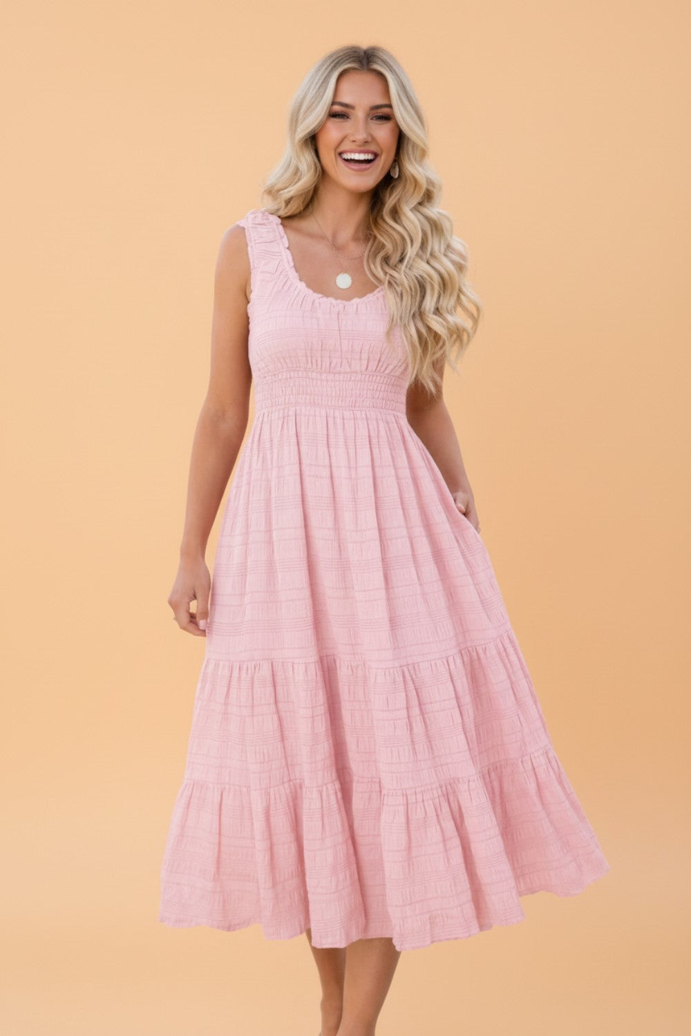 Shirred Pleated Square Neck Sleeveless Midi Dress