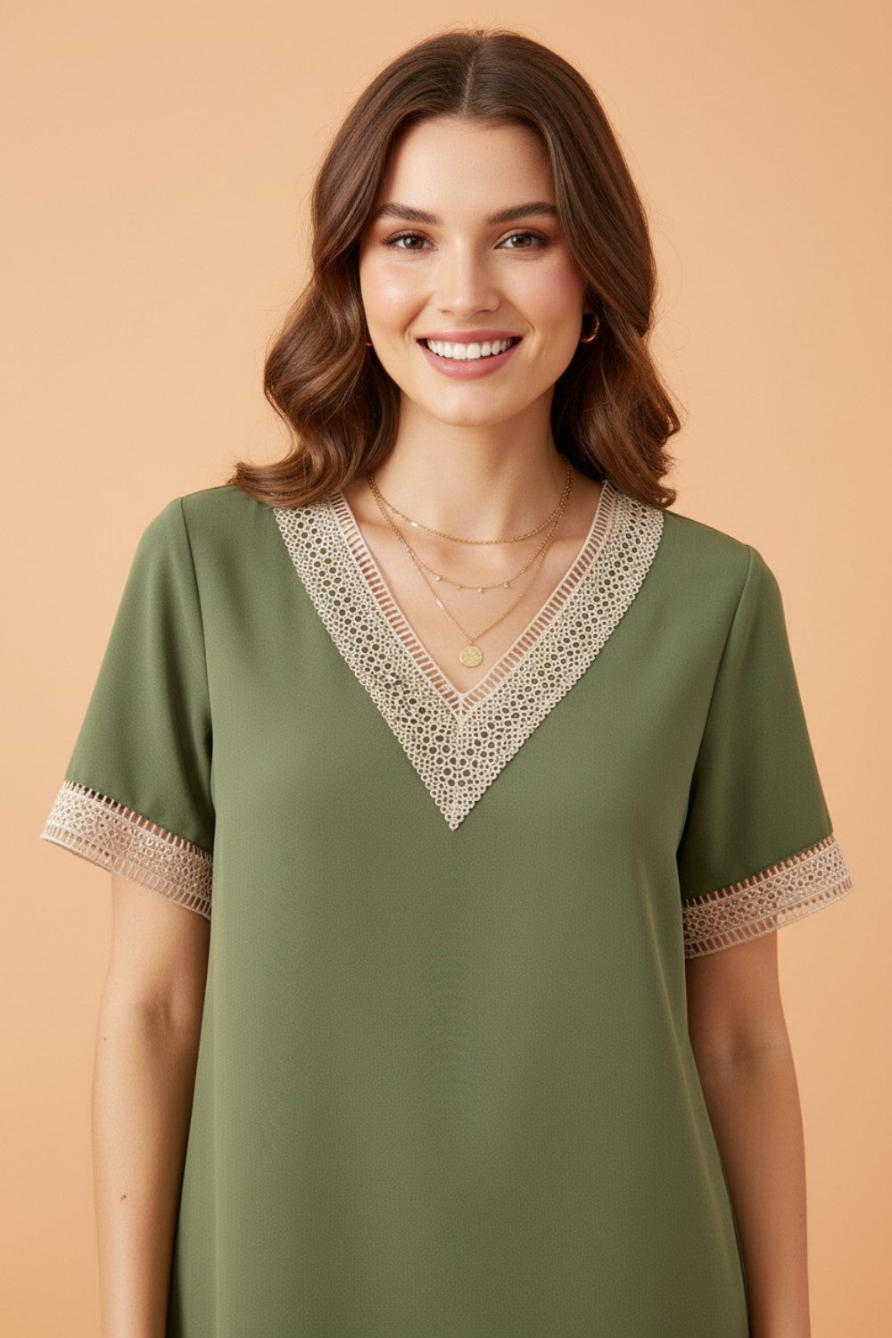 Contrast Lace Trim V-Neck Short Sleeve Blouse