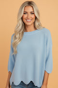 Solid Scalloped Hem 3/4 Sleeve Sweater Top