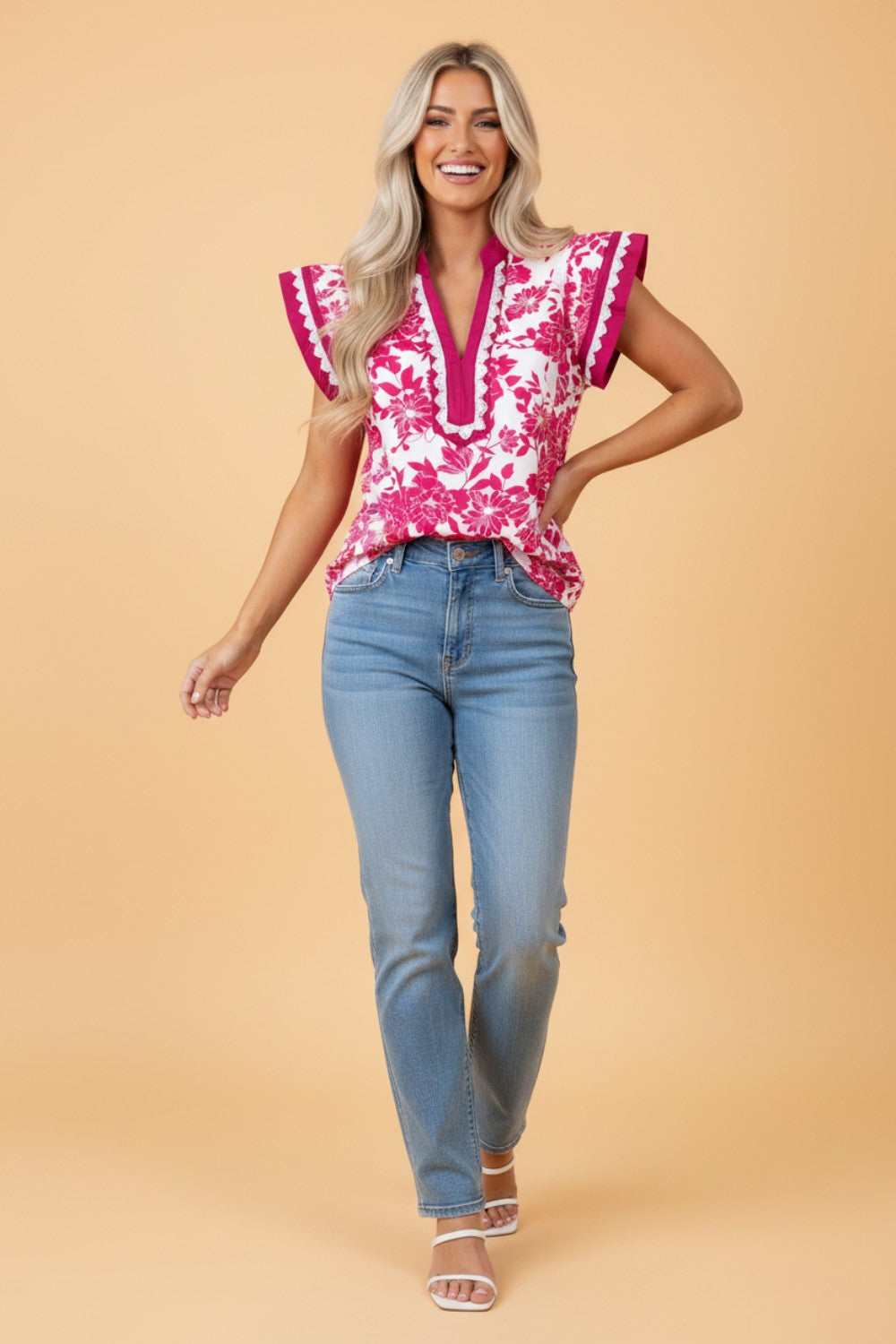 Floral Colorblock Lace V-Neck Flutter Sleeve Blouse