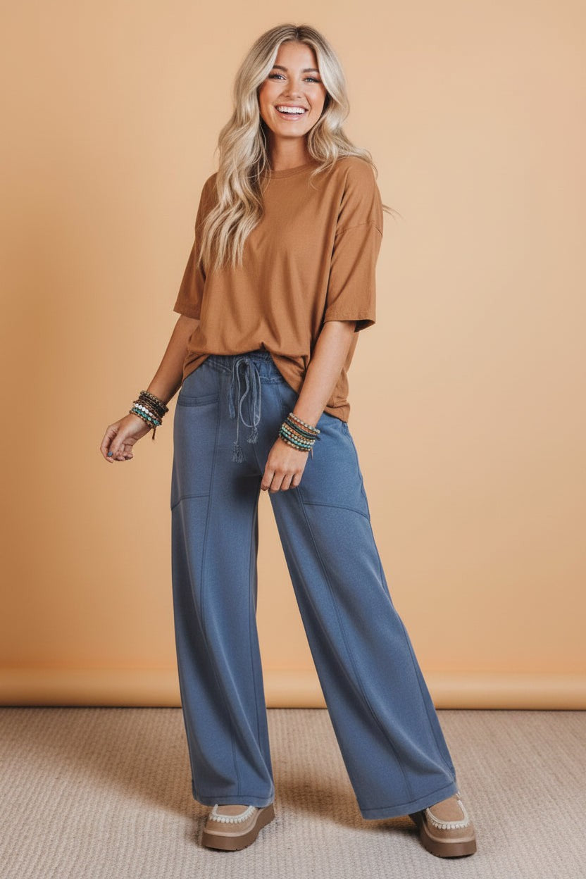 Solid Mineral Wash Drawstring Wide Leg Pants