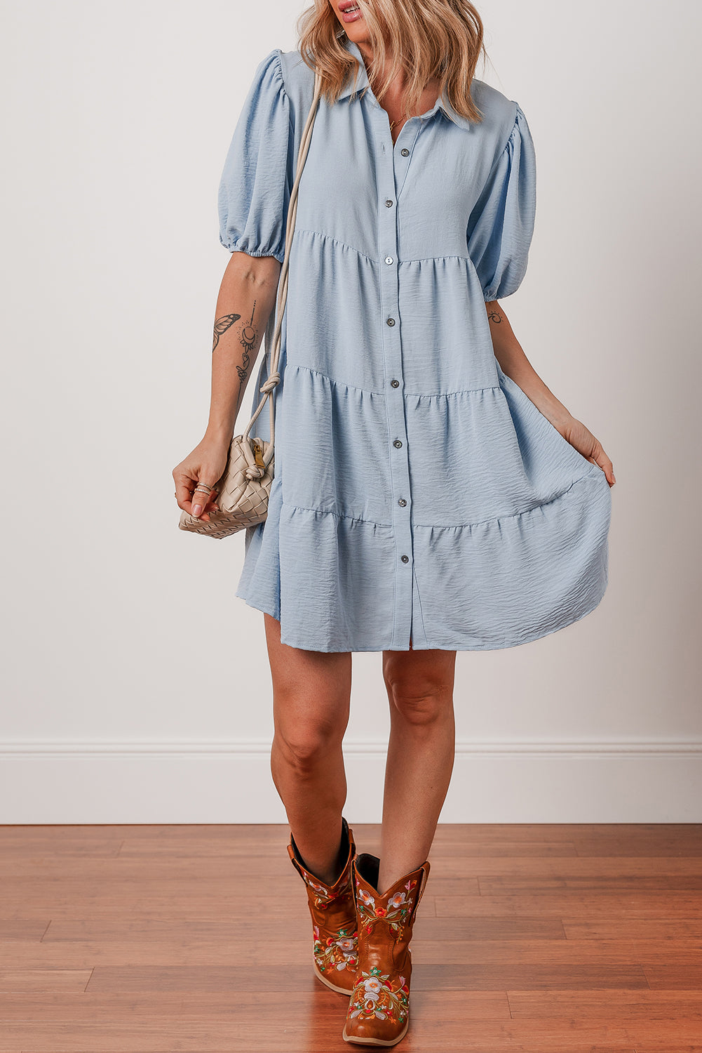 Solid Button-Up Collared Tiered Dress