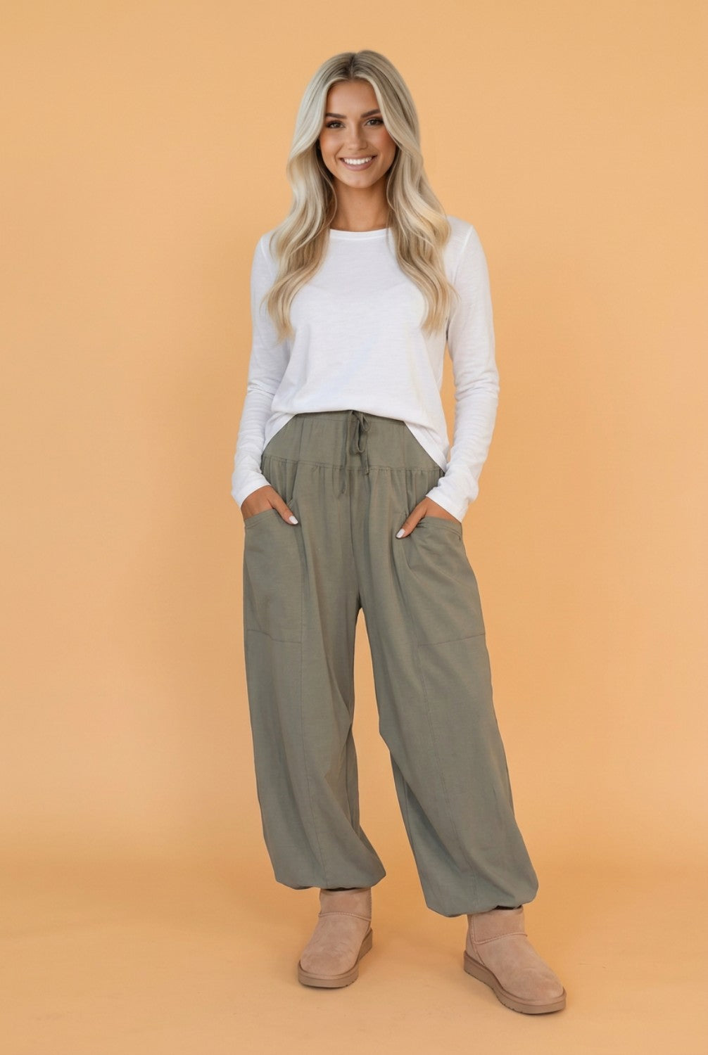 Solid Drawstring Elastic Waist Pants
