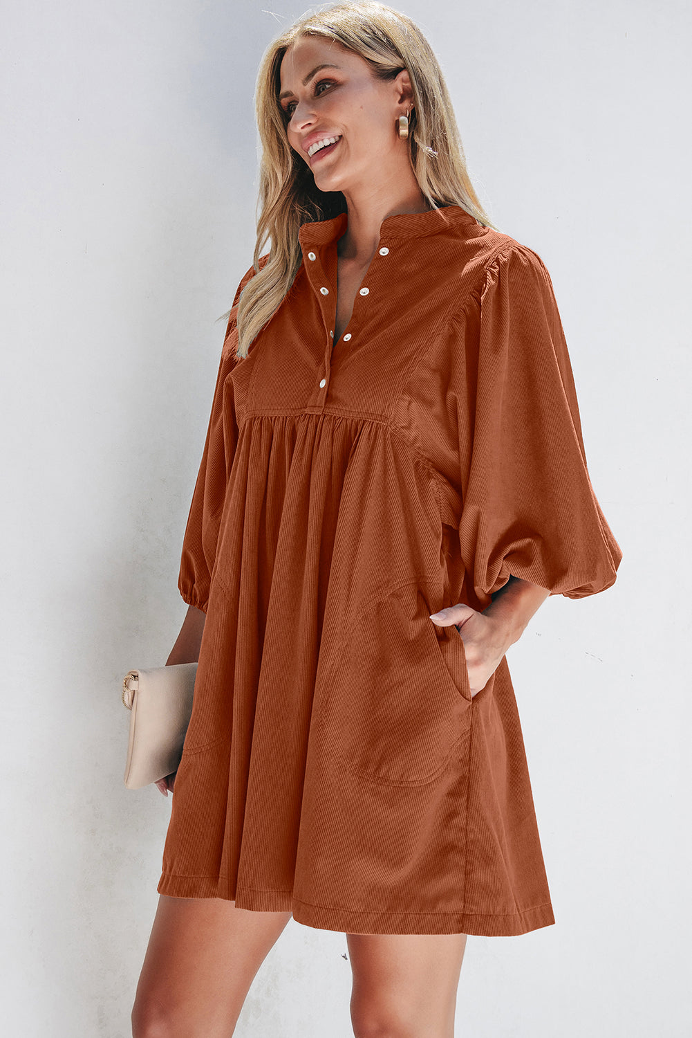 Solid Corduroy 3/4 Sleeve Snap Button Dress