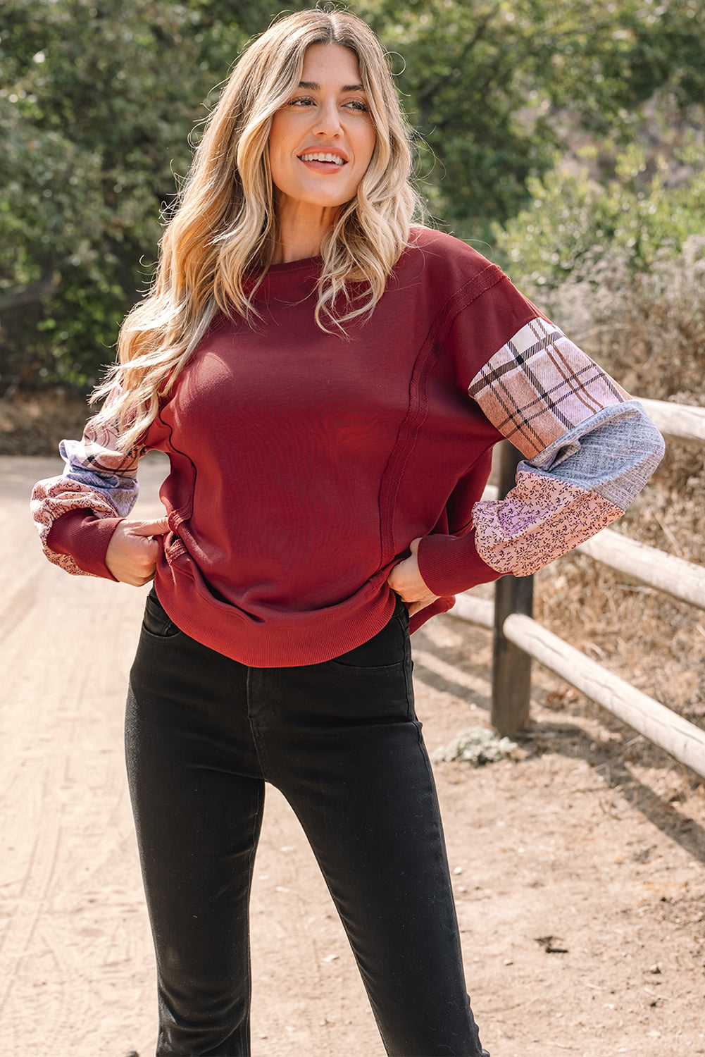 Plaid Patchwork Long Sleeve Raw Seam Sweatshirt