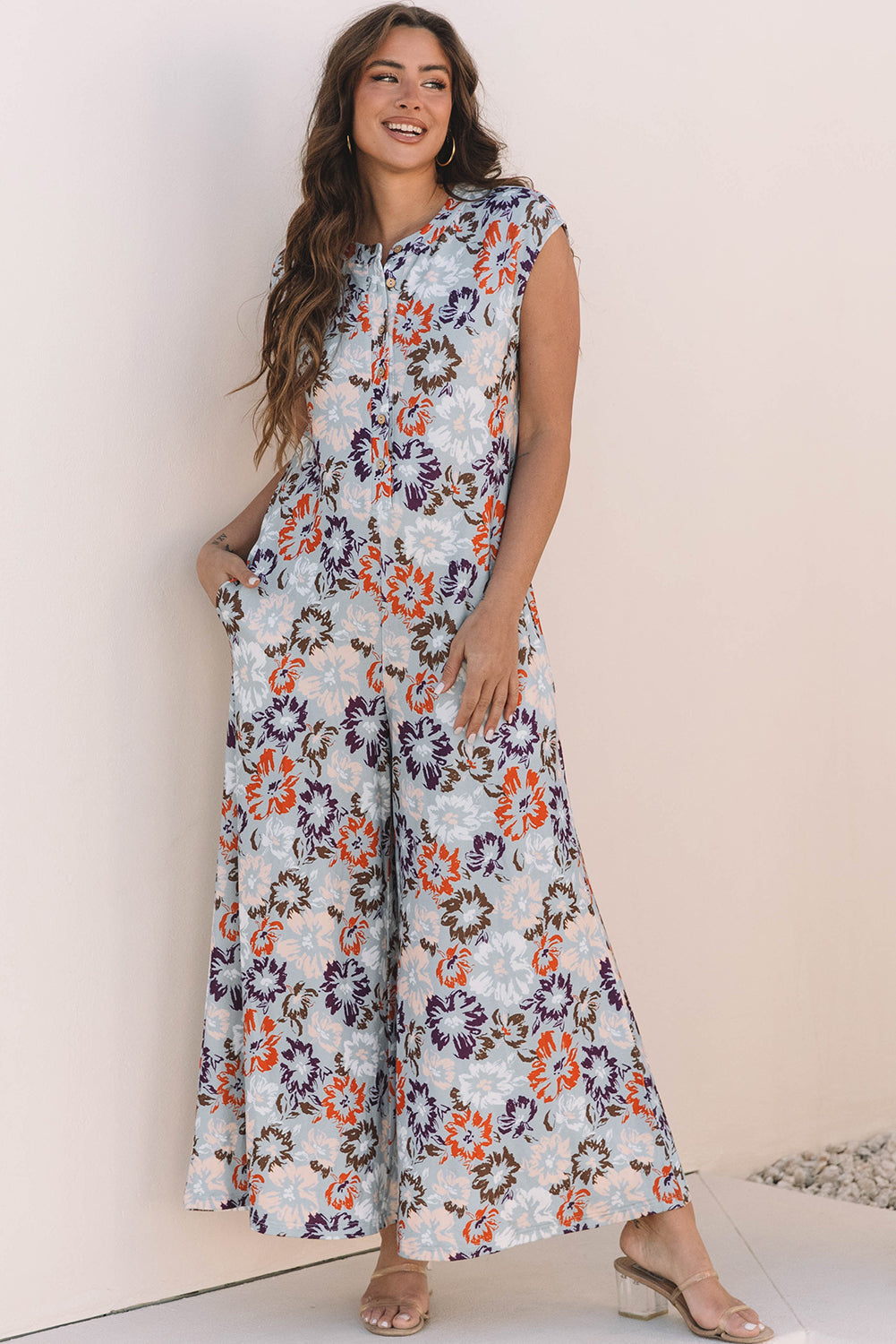 Floral Buttoned Sleeveless Wide Leg Jumpsuit