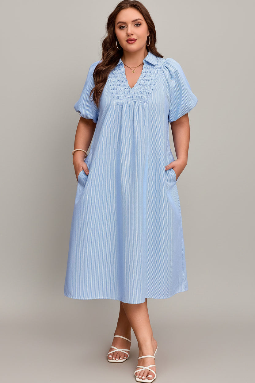 Plus Size Stripe Shirred Collared V-Neck Midi Dress