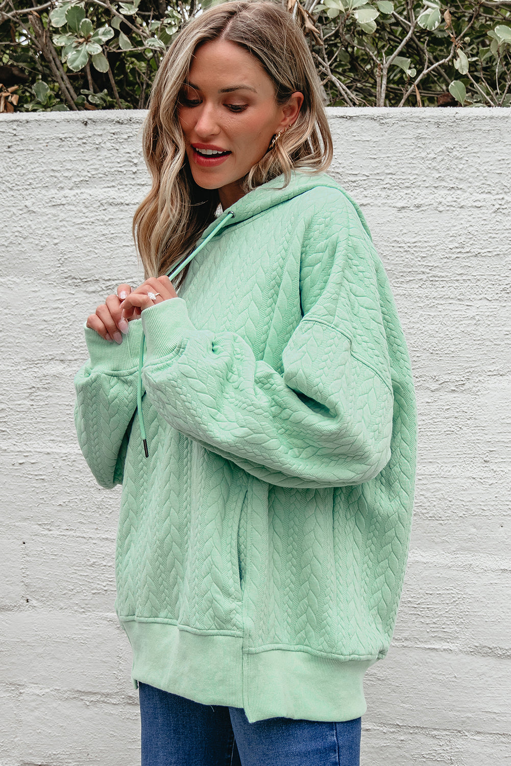 Solid Cable Textured Long Sleeve Baggy Hoodie