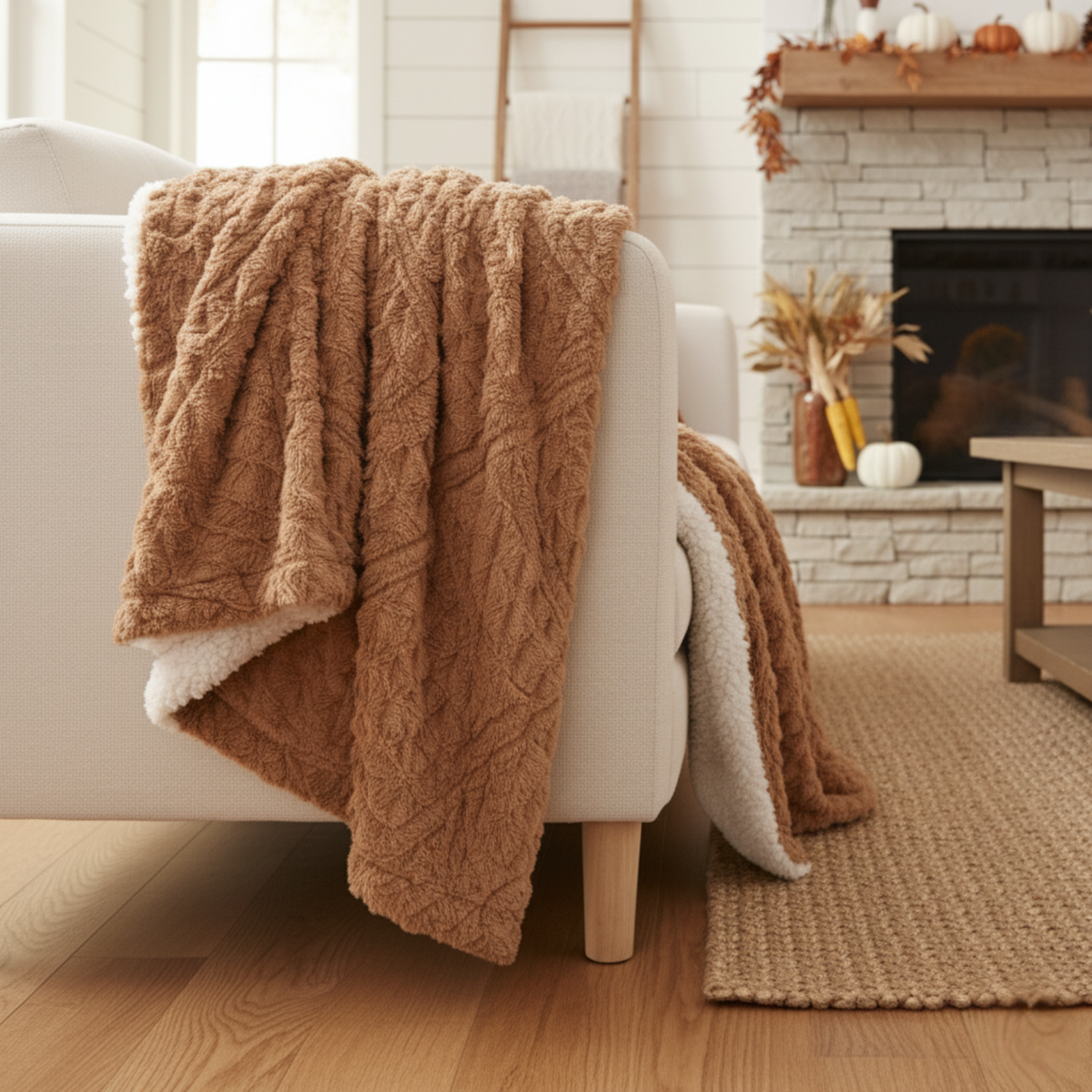 Tache Caramel Brown Faux Fur Throw Blanket Chevron Geometric Embossed (#10)