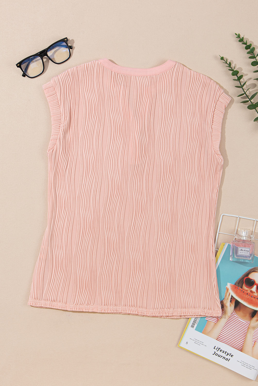 Wavy Textured Button V-Neck Cap Sleeve Tee