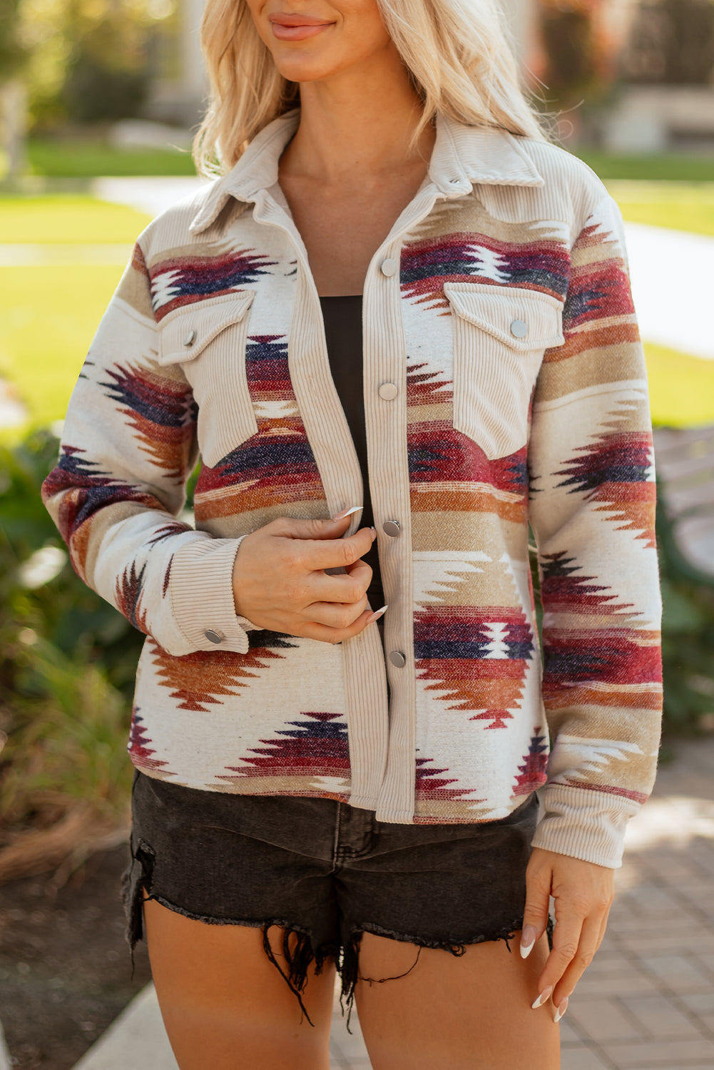 Western Aztec Corduroy Patchwork Pocketed Shacket