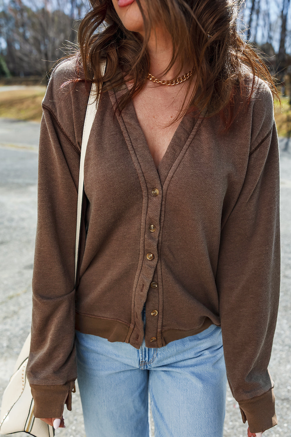 Solid Button Front V-Neck Cardigan