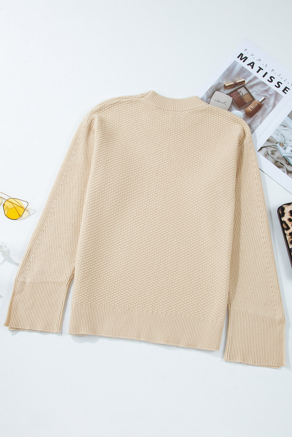 Solid Textured Knit Split Cuff Drop Shoulder Sweater