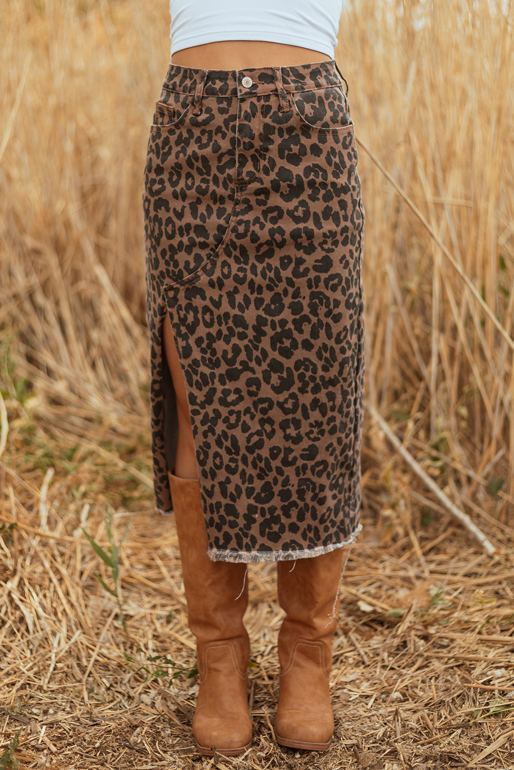 Leopard Denim Frayed Hem Midi Skirt