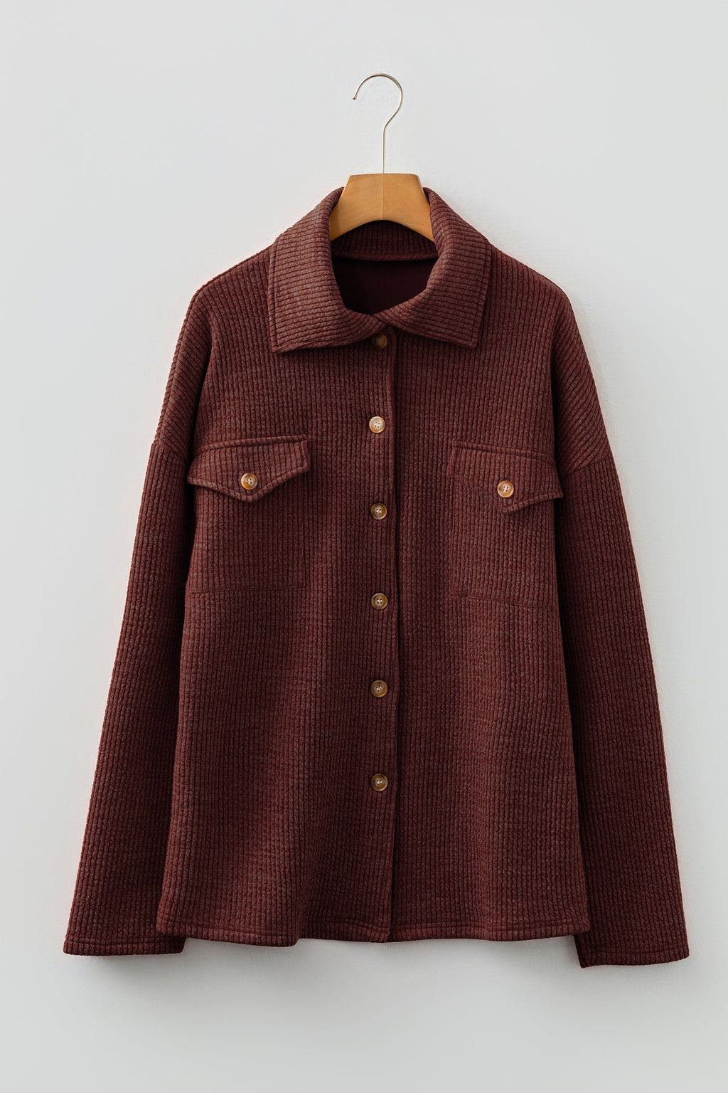 Ribbed Knit Flap Pocket Button-Up Shacket