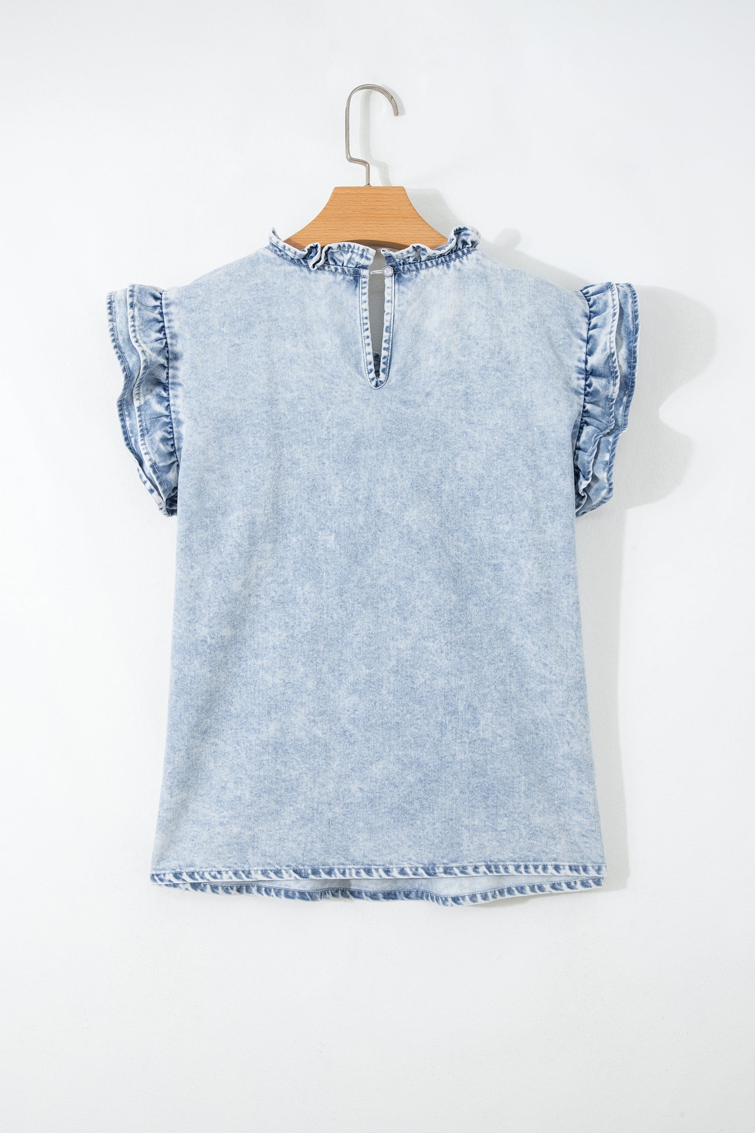 Vintage Washed Denim Pleated Ruffle Sleeve Top