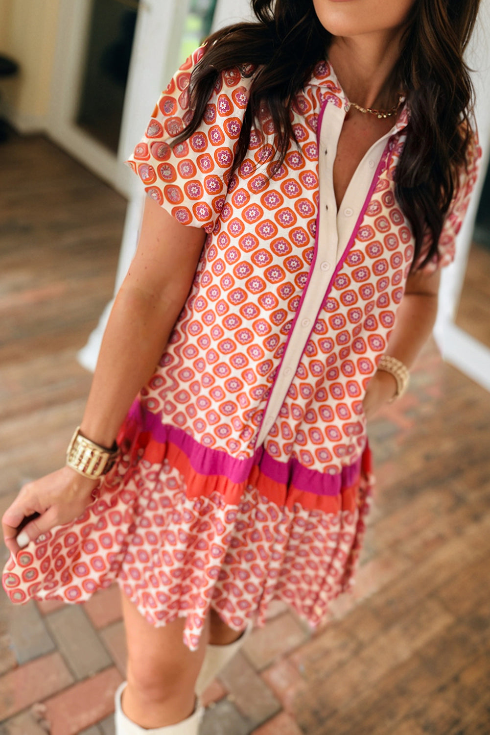 Floral Geometric Colorblock Ruffle Hem Dress