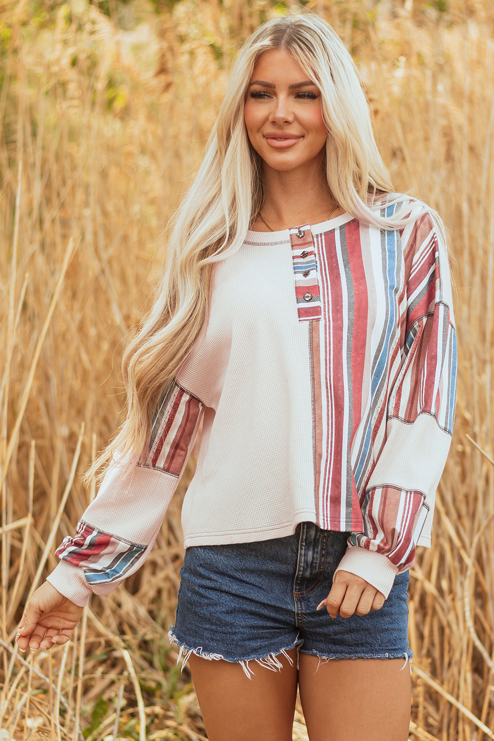 Stripe Waffle Knit Patchwork Raw Edge Henley Top